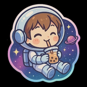 Adesivo per tè al latte astronauta | Sora Chibi in tuta spaziale con bubble tea | Adesivi spaziali kawaii | Simpatico motivo nerd