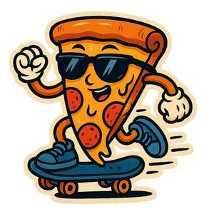 Pizza Slice with Skateboard & Sunglasses – Funny Cartoon Sticker – Weatherproof – Gift for Foodies, Skater Humor Fans