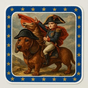 Pegatina de Napoleón en perro salchicha con sombrero de general. Sátira histórica en formato de pegatina cómica para amantes de los perros y fanáticos del humor histórico.