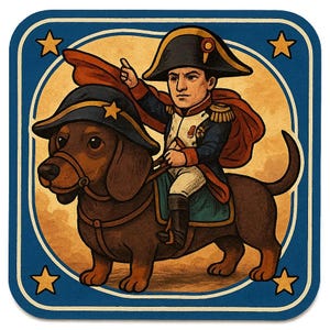 Pegatina de Napoleón en perro salchicha con sombrero de general. Sátira histórica en formato de pegatina cómica para amantes de los perros y fanáticos del humor histórico.