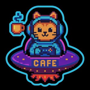 Gato astronauta en una cafetería con platillos – Divertida pegatina de dibujos animados – Resistente a la intemperie – Regalo para amantes del espacio, los gatos y el humor