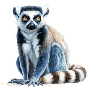 May include: Watercolor illustration of a ring-tailed lemur. The lemur is depicted in a seated position, showcasing its distinctive black and white striped tail. The animal has a white face with large, yellow eyes, and a black nose.
