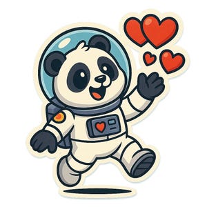 Panda astronauta lanzando globos con forma de corazón. Bonita pegatina de dibujos animados, resistente a la intemperie. Regalo para amantes del espacio, los animales y el amor.