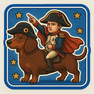 Pegatina de Napoleón en perro salchicha con sombrero de general. Sátira histórica en formato de pegatina cómica para amantes de los perros y fanáticos del humor histórico.