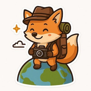 Volpe con macchina fotografica in giro per il mondo – Grazioso adesivo per auto – resistente alle intemperie, avventuroso – regalo per amanti dei viaggi, degli animali e fotografi