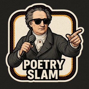 Pegatina de Goethe con gafas de sol y micrófono de golpe El clásico como poeta moderno Pegatina de cómic de literatura divertida para amantes de los libros
