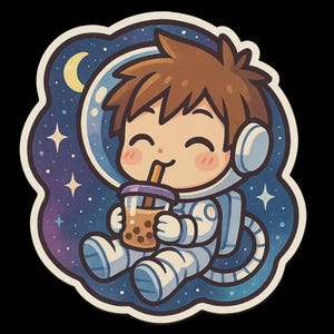 Adesivo per tè al latte astronauta | Sora Chibi in tuta spaziale con bubble tea | Adesivi spaziali kawaii | Simpatico motivo nerd