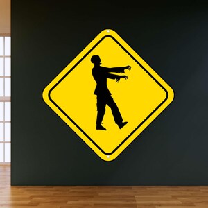 Adesivo da parete con segnale di avvertimento zombie, adesivo divertente con segnale stradale giallo, decorazione di Halloween, decorazione da parete con sagoma di zombie, murale horror