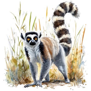 May include: Watercolor illustration of a ring-tailed lemur standing in tall grass. The lemur has a black face, white cheeks, and large orange eyes. Its body is gray and brown, with a long, striped tail. The background features watercolor washes of green and brown.