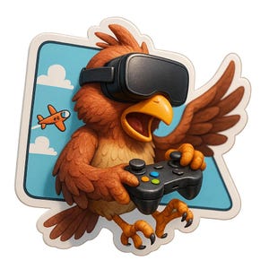 2 pájaros con gafas de realidad virtual jugando a un simulador de vuelo. Divertida pegatina de dibujos animados, resistente a la intemperie. Regalo para gamers, amantes de los pájaros y del humor.
