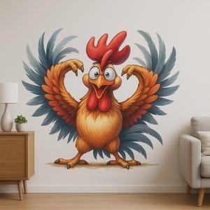 Funny Rooster Wall Decal, Colorful Chickens Wall Decor Cartoon Chicken Sticker Farm Animal Wall Art Kids Room Decor, Funny Chicken Gift