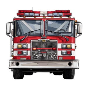 Può includere: Illustrazione dettagliata di un'autopompa rossa e bianca, vista frontalmente. Il camion presenta una griglia cromata, luci di emergenza e pneumatici neri. Il design è pulito e stilizzato, adatto per l'arredamento per bambini o materiali didattici.
