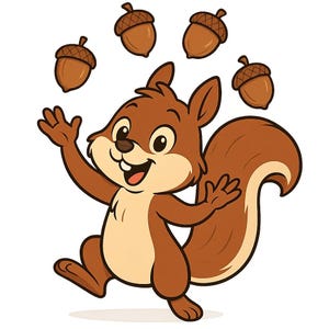 Könnte beinhalten: Cartoon-Illustration eines fröhlichen Eichhörnchens, das mit fünf braunen Eicheln jongliert. Das Eichhörnchen ist braun und hellbraun mit einem großen, flauschigen Schwanz und lächelt mit offenem Mund. Die Eicheln sind braun mit strukturierten Kappen.