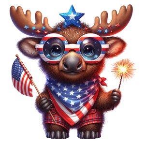 Naklejka USA Elk 4 lipca Naklejka ścienna Patriotyczna kreskówka zwierzęca 3D z flagą i okularami Dekoracja na laptopa, samochód, pokój dziecięcy