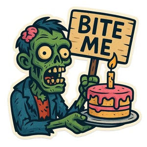 ゾンビ3体とケーキプレートと「Bite Me」サイン – 面白い漫画ステッカー – 耐候性 – ホラーやフードユーモアファンへのギフト