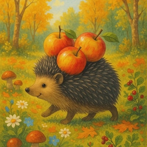 Grazioso adesivo da parete – riccio con mele nel bosco autunnale, decorazione perfetta per la cameretta dei bambini