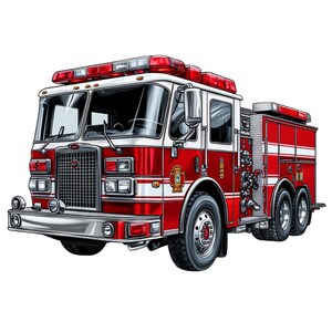 Può includere: Illustrazione dettagliata di un'autopompa antincendio rossa e bianca. Il camion presenta una griglia cromata, luci di emergenza e un'emblema dei vigili del fuoco. I pneumatici sono neri e il design è molto dettagliato.
