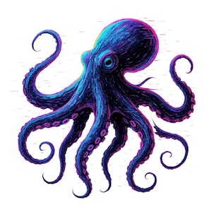 Op de afbeelding: Gedetailleerde illustratie van een octopus in tinten blauw, paars en roze. De octopus heeft acht krullende tentakels met zuignappen, een afgeronde kop en een centraal oog. Het kunstwerk staat tegen een witte achtergrond.