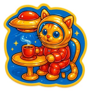 Gato astronauta en una cafetería con platillos – Divertida pegatina de dibujos animados – Resistente a la intemperie – Regalo para amantes del espacio, los gatos y el humor