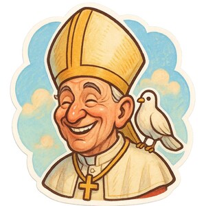 Lustiger Cartoon Papst Leo XIV Sticker | Fröhlicher Heiliger mit Taube & Riesenhut | Niedliches Kirchenmotiv als Spaß-Aufkleber