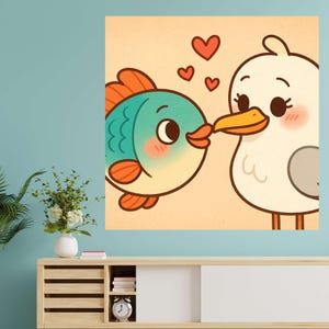 Cute Cartoon Fish and Duck Wall Decal, Loving Animal Mural, Cute Animal Wall Decor, Nursery Animal Wall Sticker, Funny Fish