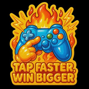 Könnte beinhalten: Eine farbenfrohe Illustration mit einem blauen Videospiel-Controller mit orangefarbenen und grünen Knöpfen, einer Hand, die einen Knopf drückt, und Flammen. Der Text "TAP FASTER, WIN BIGGER" wird in orangefarbenen Buchstaben angezeigt.