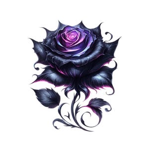 Könnte beinhalten: Digitale Illustration einer schwarzen Rose mit einem lila und rosa Zentrum, vor weißem Hintergrund. Die Rose hat scharfe, spitze Blütenblätter und Blätter mit einer gotischen oder Fantasy-Ästhetik. Das Bild zeigt dunkle Blätter und Stiele.