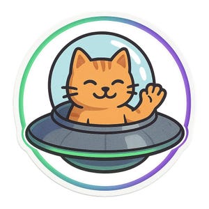 UFO-Katze Sticker | Cartoon-Katze winkt aus Untertasse | Sci-Fi Haustier Comic | Alien-Fun Aufkleber für Nerds
