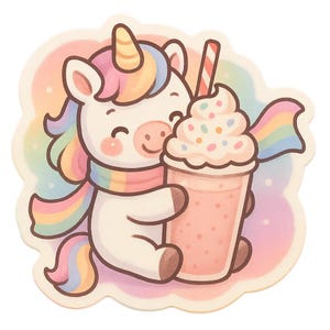Adesivo Unicorno Milkshake | Adesivo carino con sciarpa arcobaleno e shake | Disegno unicorno kawaii | Regalo per i sognatori