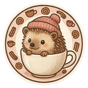 Egelsticker in theekopje met wollen muts Leuk dierenstripmotief voor herfstfans Dierenliefhebbers Cadeau-idee voor egelsvrienden