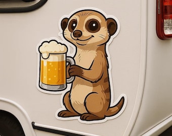 Funny meerkat sticker with beer mug comic sticker for car laptop motorhome gift for animal lovers, festival and beer fans