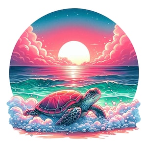 Könnte beinhalten: Digitale Illustration einer Meeresschildkröte, die aus schäumenden Meereswellen auftaucht, vor einem lebendigen Sonnenuntergang. Die Schildkröte hat einen roten Panzer und ist von türkisfarbenem Wasser und rosa Wolken umgeben. Die Sonne ist ein hellweißer Kreis.