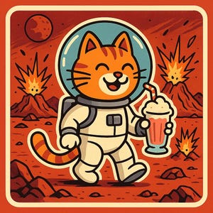 Gato astronauta en Marte con batido – Pegatina divertida de dibujos animados – Resistente a la intemperie – Regalo para amantes del espacio, los gatos y el humor