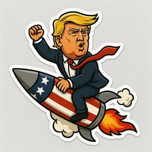 Adesivo Trump sul razzo – Motivo satirico sulla politica degli Stati Uniti – Adesivo per laptop, umorismo di protesta, design a fumetti