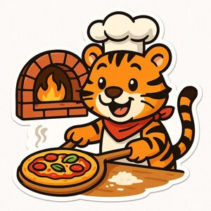 Tiger Baking Pizza Sticker – Funny Car Sticker – Weatherproof, Delicious – Gift for Animal Lovers, Foodies, and Humor Fans