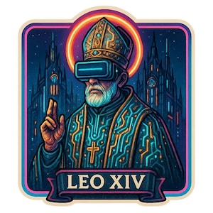 Adesivo cyberpunk di Papa Leone XIV | Alone al neon, occhiali VR e mantello LED | La credenza futuristica come adesivo moderno