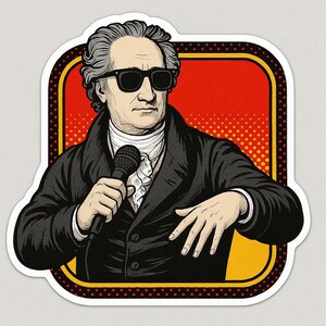 Pegatina de Goethe con gafas de sol y micrófono de golpe El clásico como poeta moderno Pegatina de cómic de literatura divertida para amantes de los libros