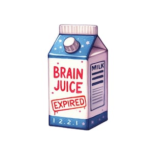 Może przedstawiać: Ilustracja fantazyjnego kartonu po mleku z napisem "BRAIN JUICE" w kolorze czerwonym. Karton ma niebieską górę z gwiazdami i srebrną nakrętkę. Słowo "EXPIRED" jest ostemplowane na czerwono, a data "12.2.1" jest wydrukowana na dole.