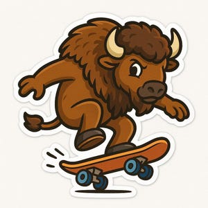 Bison on Skateboard Sticker – Funny Car Sticker – Weatherproof, Wild – Gift for Skaters, Animal Lovers and Humor Fans