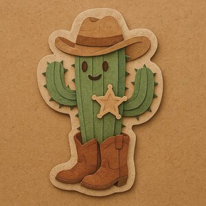 Cactus con stivali da cowboy e stella dello sceriffo – Adesivo divertente con cartoni animati – resistente alle intemperie – regalo per gli amanti del western e dell'umorismo vegetale