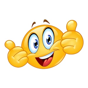 Könnte beinhalten: Ein leuchtend gelbes, kreisförmiges Emoji-Gesicht mit großen blauen Augen, hochgezogenen Augenbrauen und einem weit geöffneten Mund, der Zähne und Zunge zeigt. Die Figur hat zwei gelbe Hände, die beide den Daumen nach oben zeigen.