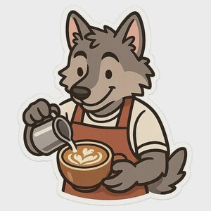 May include: A sticker showing a cartoon wolf barista pouring milk into a coffee cup, creating latte art. The wolf is wearing a white shirt and a brown apron. The coffee cup is brown, and the background is white.