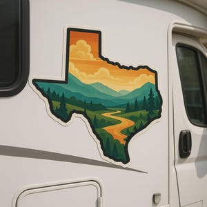 Texas Landschaft Sticker mit geografischer Kartenkontur Aufkleber für Laptop Auto Wohnmobil Geschenk für USA-Fans und Naturfreunde