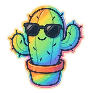 Adesivi kawaii di cactus | Cactus arcobaleno con occhiali da sole in stile Sora | Adesivo divertente con pianta anime