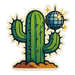 Cactus con palla da discoteca sulle spine – Adesivo divertente a forma di cartone animato – resistente alle intemperie – Regalo per gli amanti delle piante, delle feste e dell'umorismo