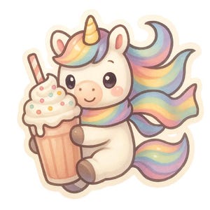 Pegatina de batido de unicornio | Bonita pegatina con bufanda arcoiris y batido | Diseño de unicornio kawaii | Regalo para soñadores