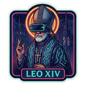 Adesivo cyberpunk di Papa Leone XIV | Alone al neon, occhiali VR e mantello LED | La credenza futuristica come adesivo moderno