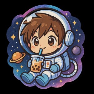 Adesivo per tè al latte astronauta | Sora Chibi in tuta spaziale con bubble tea | Adesivi spaziali kawaii | Simpatico motivo nerd