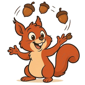 Könnte beinhalten: Cartoon-Illustration eines fröhlichen Eichhörnchens, das mit drei braunen Eicheln jongliert. Das Eichhörnchen hat rotbraunes Fell, einen cremefarbenen Bauch und einen großen, flauschigen Schwanz. Es lächelt breit.