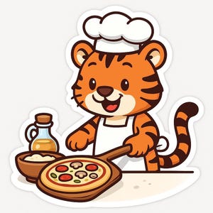 Tiger Baking Pizza Sticker – Funny Car Sticker – Weatherproof, Delicious – Gift for Animal Lovers, Foodies, and Humor Fans